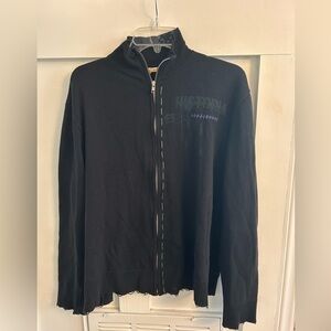 Skaen black full zip embroidered raw hem sweater